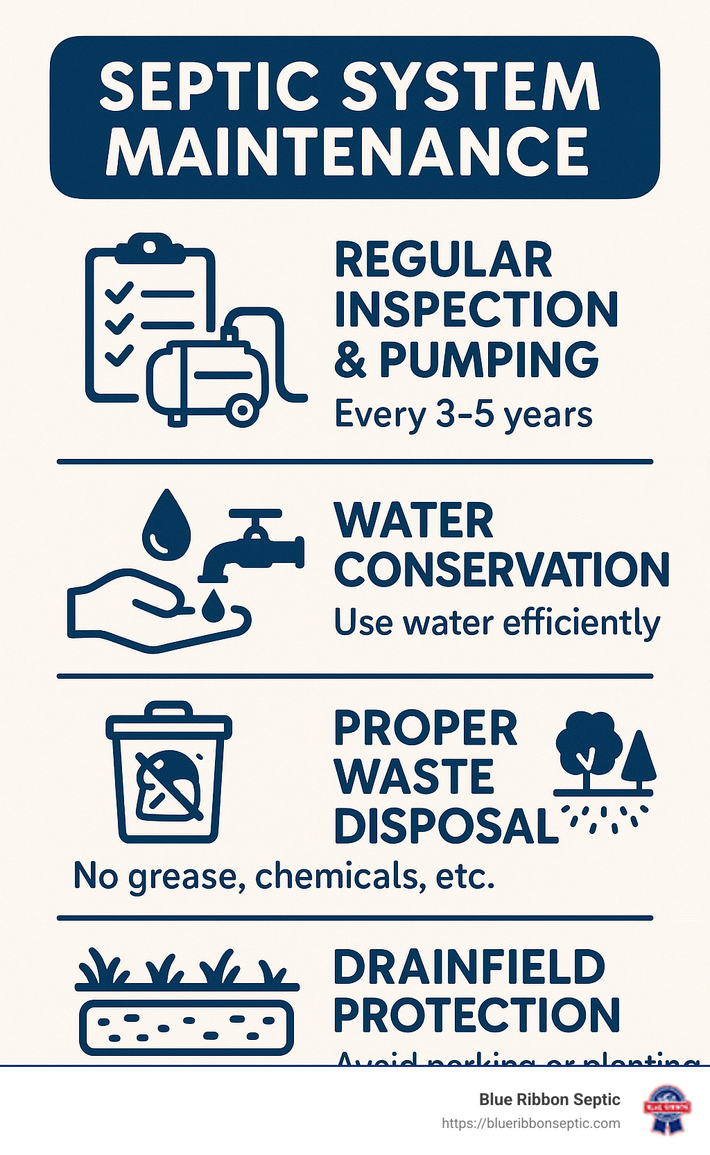 Septic System Maintenance Summary: Regular Inspection & Pumping, Water Conservation, Proper Waste Disposal, and Drainfield Protection, with recommended frequencies and best practices for each category - taking care of septic system infographic 