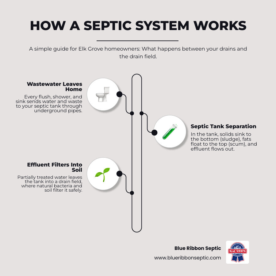 Infographic: How a Septic System Works in 90 Seconds – Step-by-step diagram with tank, drain field, what goes in, how waste breaks down, red flags to watch for, and when to call a pro - septic service Elk Grove CA infographic infographic-line-3-steps-neat_beige