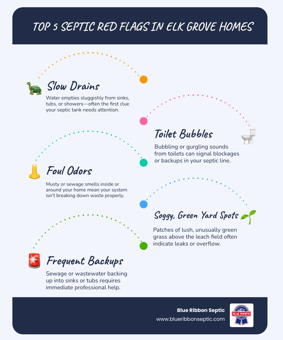 Infographic: Top 6 Septic Red Flags – Slow drains, odors, soggy yard, toilet bubbles, gurgling pipes, frequent backups - septic service Elk Grove CA infographic infographic-line-5-steps-blues-accent_colors