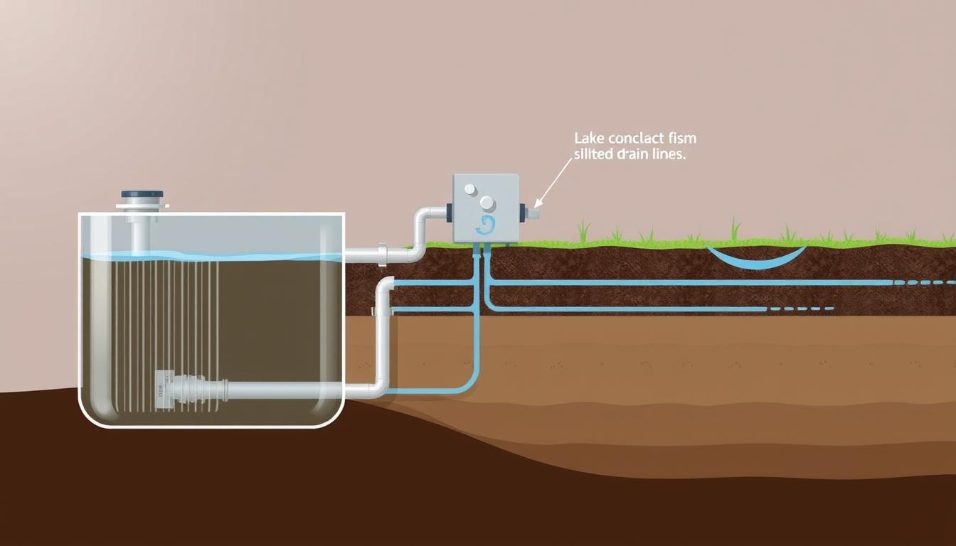 Detailed cross-section diagram of a residential septic system, showcasing the key components. The foreground highlights the septic tank, its baffles, and the inlet/outlet pipes. The middle ground features the distribution box and the leach field with perforated drain lines. The background depicts the soil layers and the groundwater table. Crisp technical illustration style with muted earth tones, natural lighting from the side, and a clean, technical atmosphere to aid understanding of the system's inner workings.