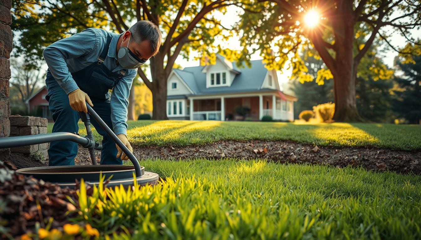 A well-maintained septic system, a crucial component of a home's waste management. In the foreground, a person in overalls using a specialized tool to inspect the septic tank, their face obscured by a protective mask. The middle ground shows the septic field, lush green grass covering the buried drainage pipes. In the background, a quaint suburban home, its roof peeking out amidst mature trees. Warm, afternoon sunlight filters through the leaves, casting a gentle glow over the scene. The overall atmosphere conveys the importance of diligent septic system upkeep for the health and well-being of both the property and its inhabitants.