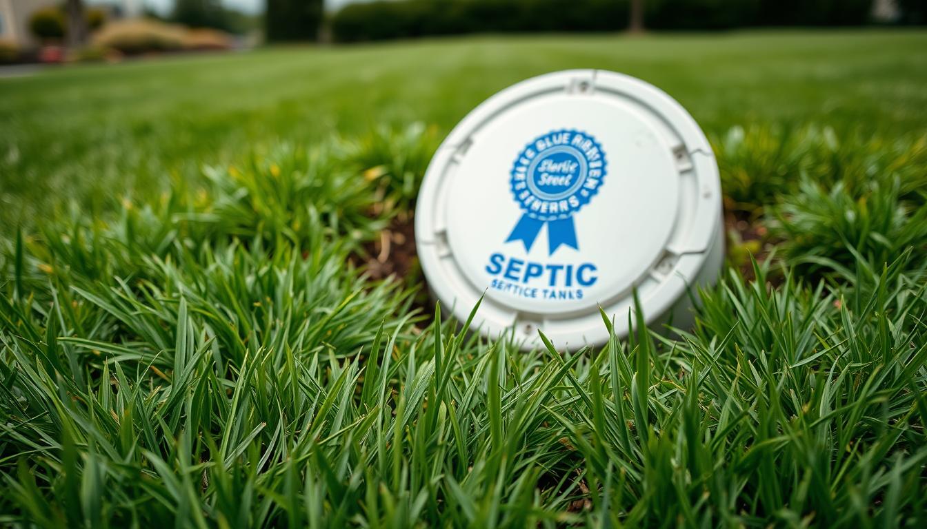 A close-up view of a septic tank system with visible signs of problems. In the foreground, lush green grass is stained with a faint yellowish hue, indicating potential leakage. In the middle ground, a Blue Ribbon Septic logo is prominently displayed on the septic tank cover, which appears to be slightly sunken and cracked. The background features a well-manicured lawn, but the overall scene conveys a sense of concern and the need for maintenance. The lighting is natural, with soft shadows and a slightly overcast sky, creating a contemplative mood. The camera angle is low, emphasizing the urgency of the situation and drawing the viewer's attention to the subtle signs of septic tank problems.