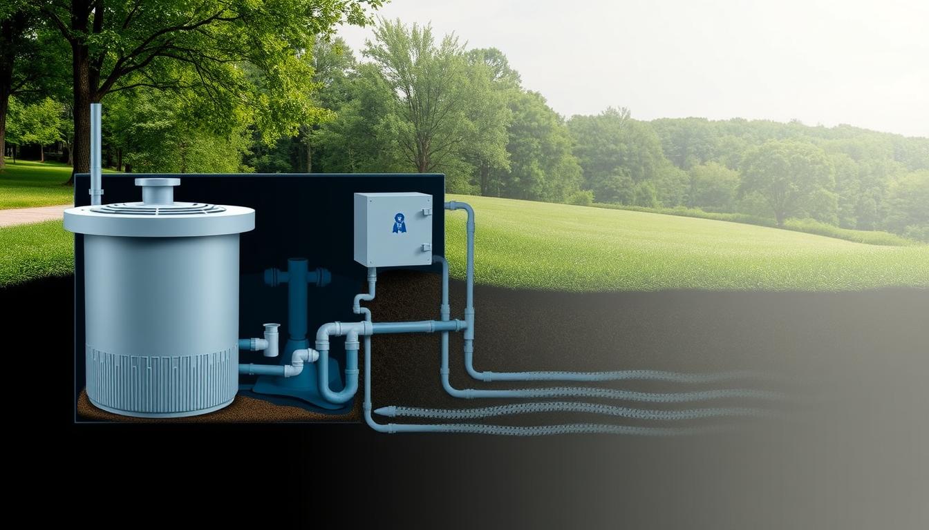 A detailed cutaway diagram of a Blue Ribbon Septic system, showcasing its key components. The foreground displays the septic tank, with its baffles, inlet and outlet pipes, and access hatch. The middle ground reveals the distribution box and drain field, highlighting the network of perforated pipes dispersing effluent into the surrounding soil. In the background, a lush, verdant landscape sets the scene, conveying a sense of natural harmony. The image is rendered in a technical, engineering-inspired style, with clean lines, muted colors, and precise attention to detail, illuminated by soft, directional lighting to accentuate the system's intricate workings.