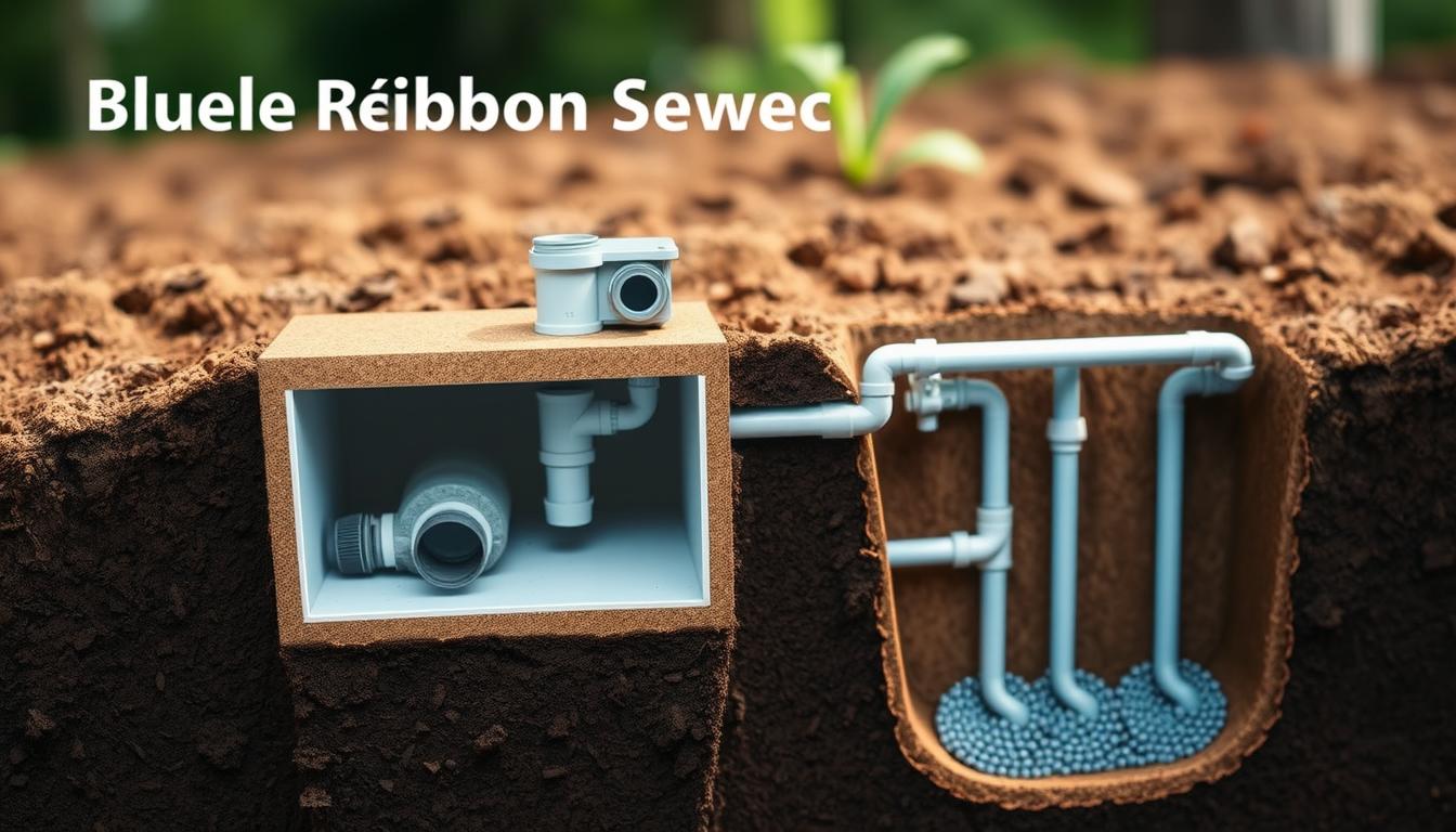 A detailed cross-section diagram of a Blue Ribbon Septic system, showcasing its key components. In the foreground, a cutaway view reveals the septic tank with its baffles, inlet, and outlet. In the middle ground, the distribution box and leach field pipes are visible, illustrating the dispersal of effluent. The background depicts the surrounding soil, with a sense of depth and realism. The lighting is natural and softly diffused, highlighting the intricate details of the system. The overall mood is informative and technical, emphasizing the importance of understanding septic system functionality.