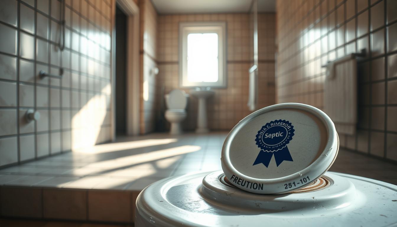 A spacious bathroom interior with a septic tank lid prominently in the foreground. The tile floors and walls are slightly worn, adding a sense of age and use. In the middle ground, a toilet and sink are visible, hinting at the plumbing issues. The lighting is soft and warm, casting long shadows that add depth and drama. In the background, a window allows natural light to filter in, creating a sense of openness. The overall mood is one of concern and frustration, as the "Blue Ribbon Septic" logo on the tank lid suggests a malfunctioning system in need of attention.