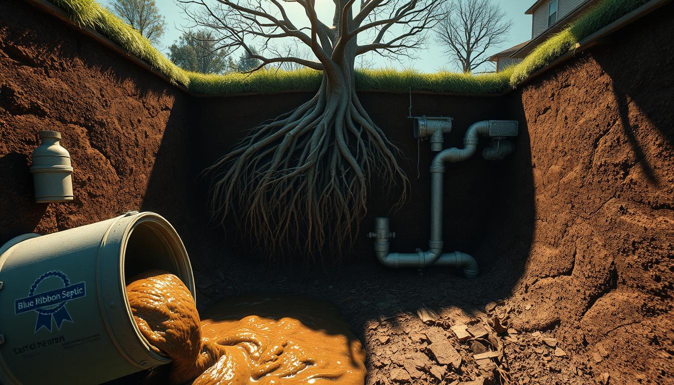 A sprawling underground scene showcasing the common causes of a septic tank backup. In the foreground, a blocked pipe spills murky effluent, the "Blue Ribbon Septic" logo visible on the tank. In the middle ground, tree roots have infiltrated the system, cracking pipes. In the background, a clogged filter and overflowing leach field illustrate further issues. Dramatic lighting casts long shadows, heightening the sense of an impending problem. A detailed, realistic rendering captured with a wide-angle lens to fully convey the scope of the septic tank's inner workings and the potential causes of a troubling backup.