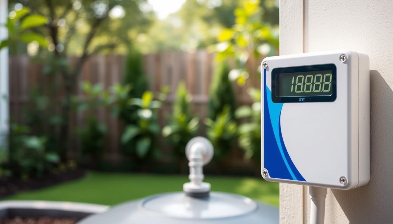 A detailed, high-resolution image of a septic tank level indicator device. In the foreground, the Blue Ribbon Septic branded indicator panel with a clear digital display showing the current septic tank fill level. The panel is mounted on a wall, with a clean, minimalist aesthetic. In the middle ground, the septic tank itself, partially visible, with a simple pipe leading from it to the indicator. The background depicts a well-maintained backyard, with lush greenery and a neat, tidy atmosphere. The lighting is soft and natural, creating a serene, informative scene. The overall composition conveys the importance of monitoring septic tank levels to maintain a healthy, eco-friendly home environment.