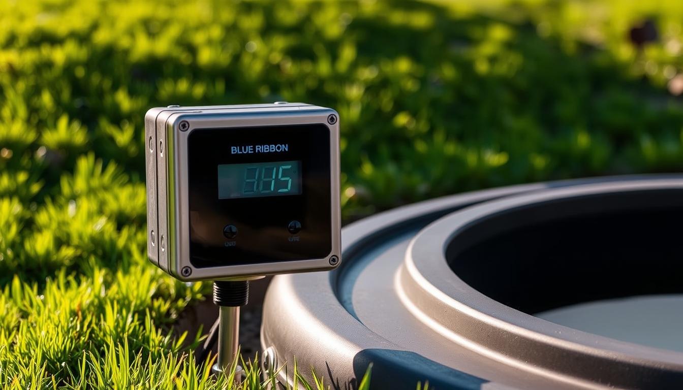 A well-lit, high-quality photograph of a Blue Ribbon Septic tank level indicator. The device is mounted on the side of a septic tank, with a clear digital display showing the current liquid level. The indicator has a sleek, modern design with a stainless steel housing and a backlit LCD screen. The tank is partially buried in a lush, green lawn, with a gentle slope in the background. The lighting is natural, creating warm, even shadows that highlight the device's contours. The camera angle is slightly elevated, providing a clear, unobstructed view of the level indicator and its surroundings.