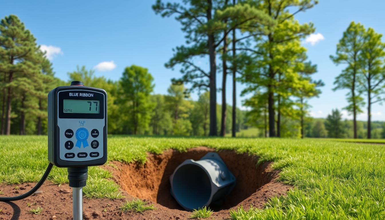 A well-lit, detailed illustration of a septic system monitoring setup. In the foreground, a sleek, modern Blue Ribbon Septic tank level indicator device with digital display and intuitive controls. The middle ground shows the septic tank partially buried in the ground, with a clear view of the monitoring access port. In the background, a lush, verdant landscape with tall trees and a clear blue sky, conveying a serene, natural setting. The image has a crisp, high-resolution appearance with a professional, technical aesthetic suitable for an informative article on septic system monitoring.
