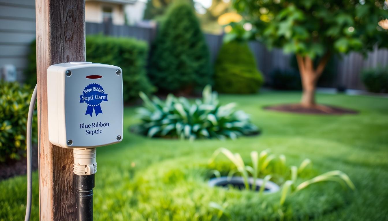 A septic tank alarm system, featuring the "Blue Ribbon Septic" brand, situated in a well-lit residential backyard. The alarm unit, mounted on a sturdy post, stands prominently in the foreground, its flashing red light and audible siren signaling an issue with the septic tank levels. The middle ground showcases the septic tank's access port, partially obscured by lush grass and foliage. In the background, a neatly trimmed lawn and a few trees create a serene, suburban atmosphere, emphasizing the importance of this essential home system. The image conveys a sense of urgency and the need for prompt action to address the septic tank's warning signs.