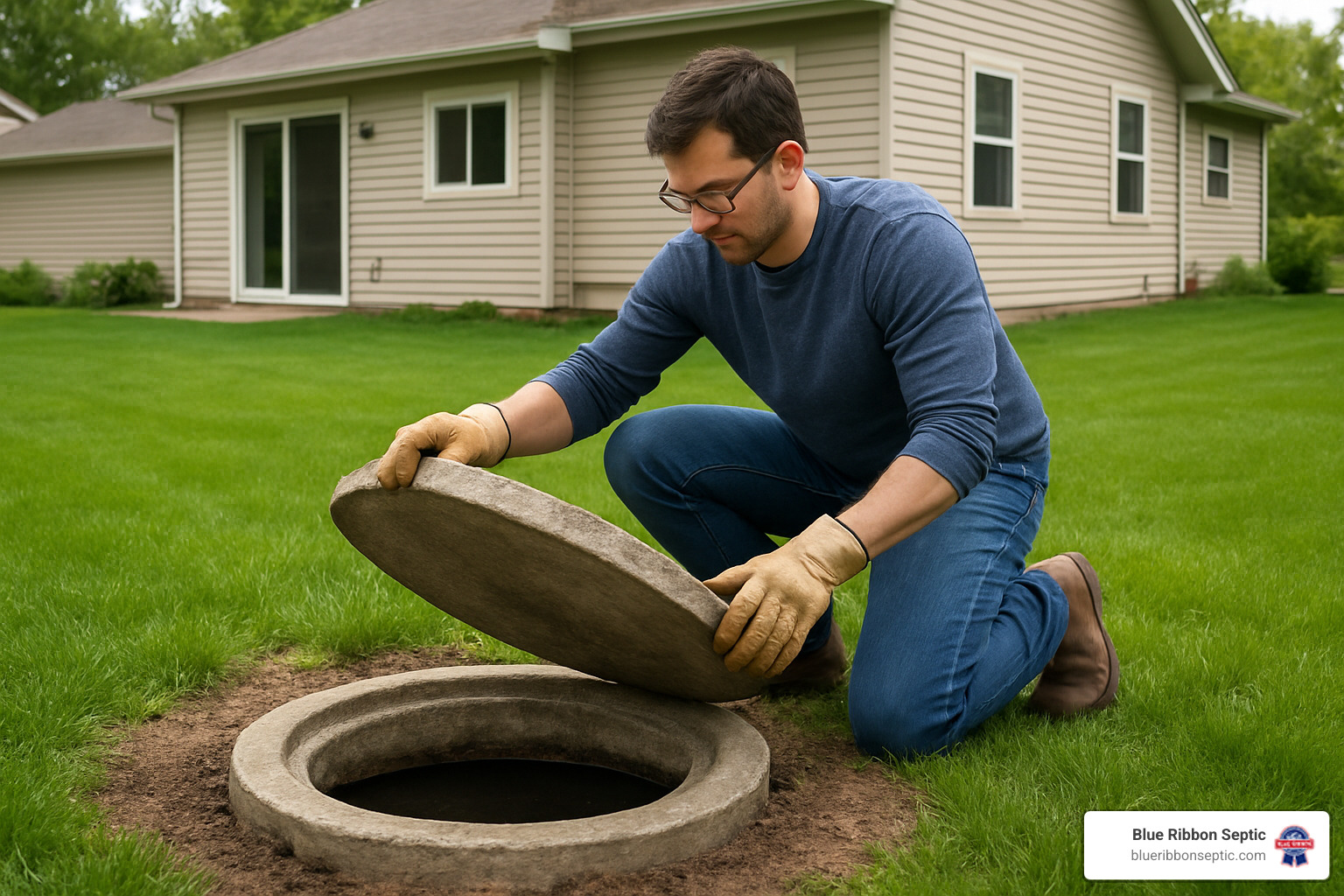 homeowner examining septic tank lid - cost to empty 1000 gallon septic tank