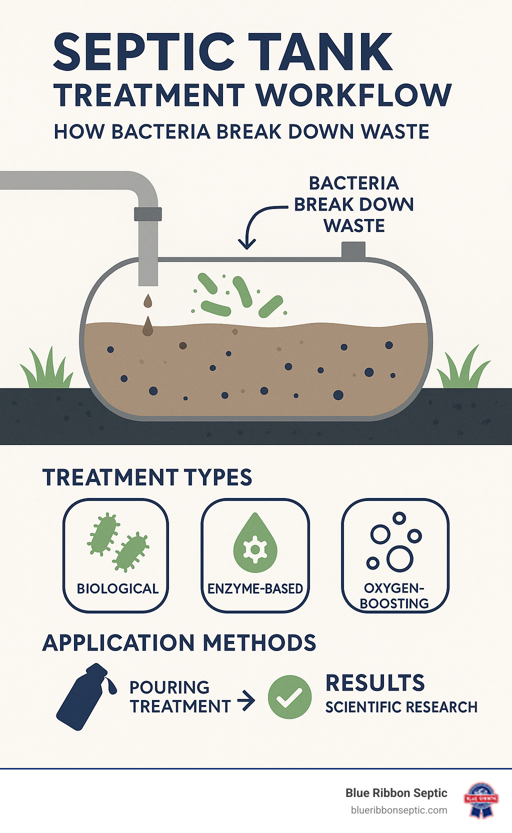 Septic tank treatment workflow showing how bacteria break down waste, with treatment types, application methods, and results based on scientific research - best treatment for septic tanks infographic Septic tank treatment workflow showing how bacteria break down waste, with treatment types, application methods, and results based on scientific research - best treatment for septic tanks infographic