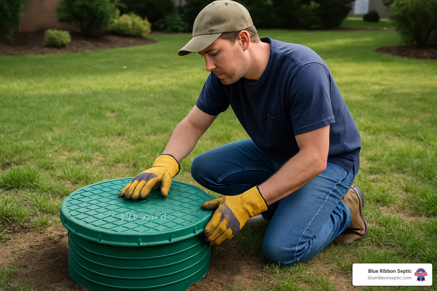 homeowner checking polylok riser lid after installation - how to install polylok septic tank riser