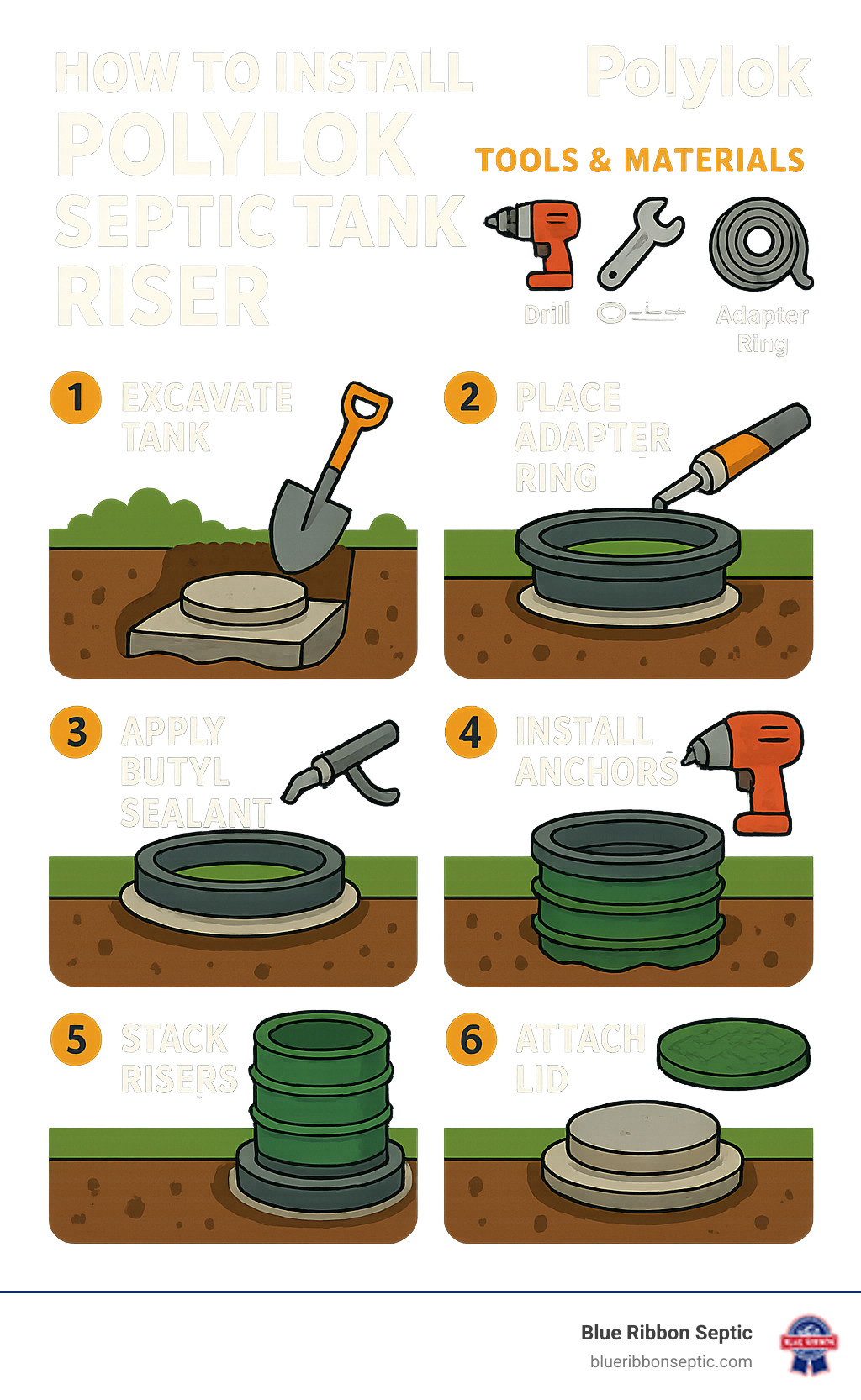 Step-by-step Polylok septic tank riser installation process showing tank excavation, adapter ring placement, butyl sealant application, anchor installation, riser stacking, and lid attachment with required tools and materials listed - how to install polylok septic tank riser infographic