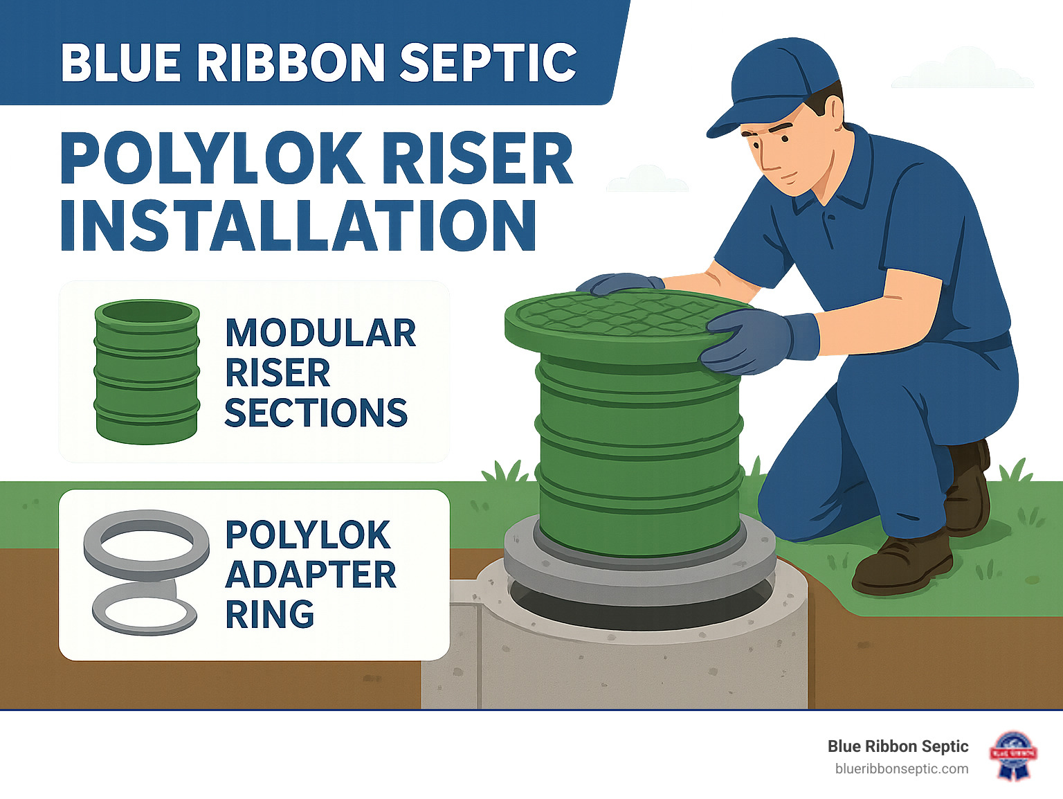Blue Ribbon Septic technician completing a Polylok riser installation - how to install polylok septic tank riser infographic