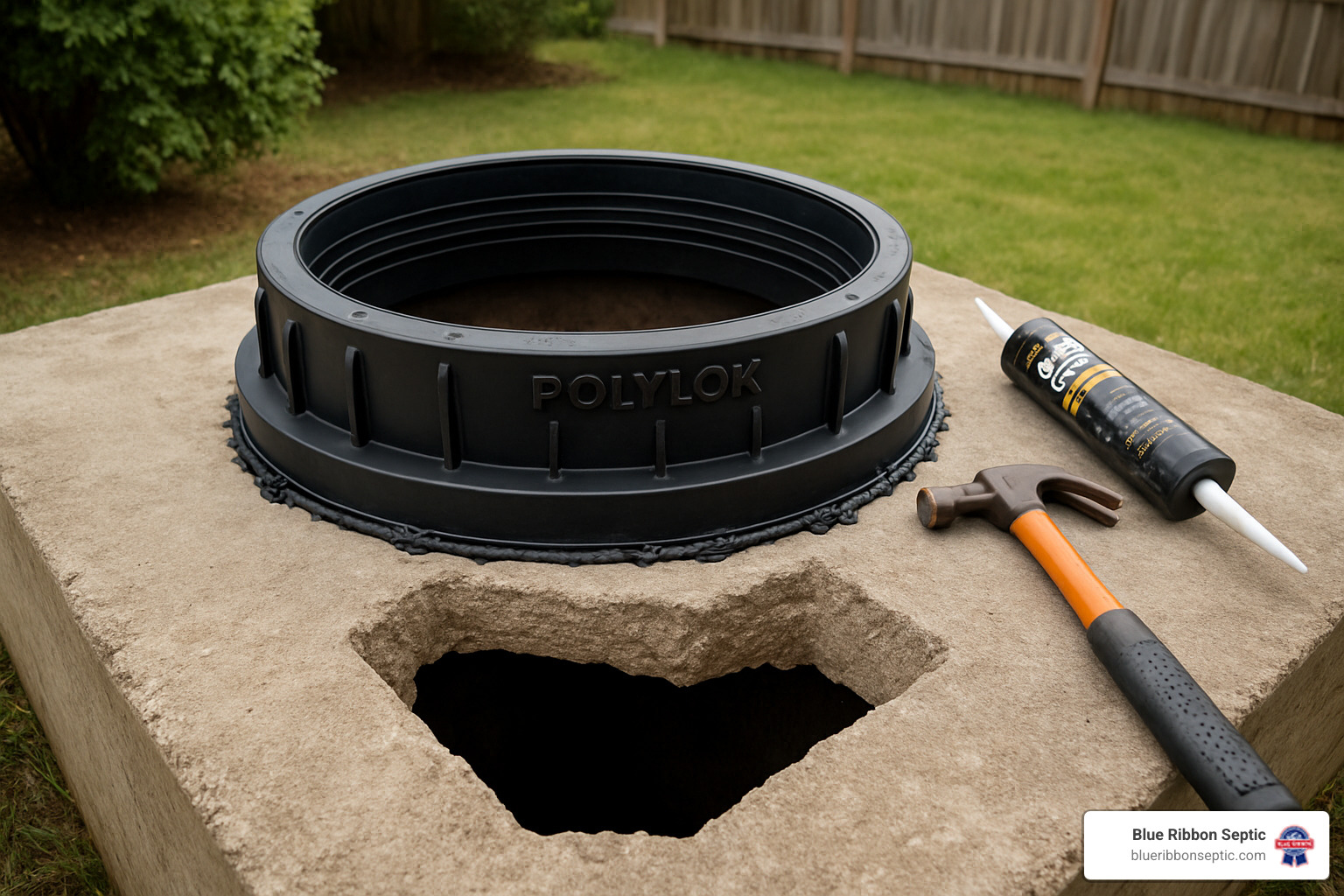 Polylok adapter ring installation on septic tank with irregular opening - how to install polylok septic tank riser