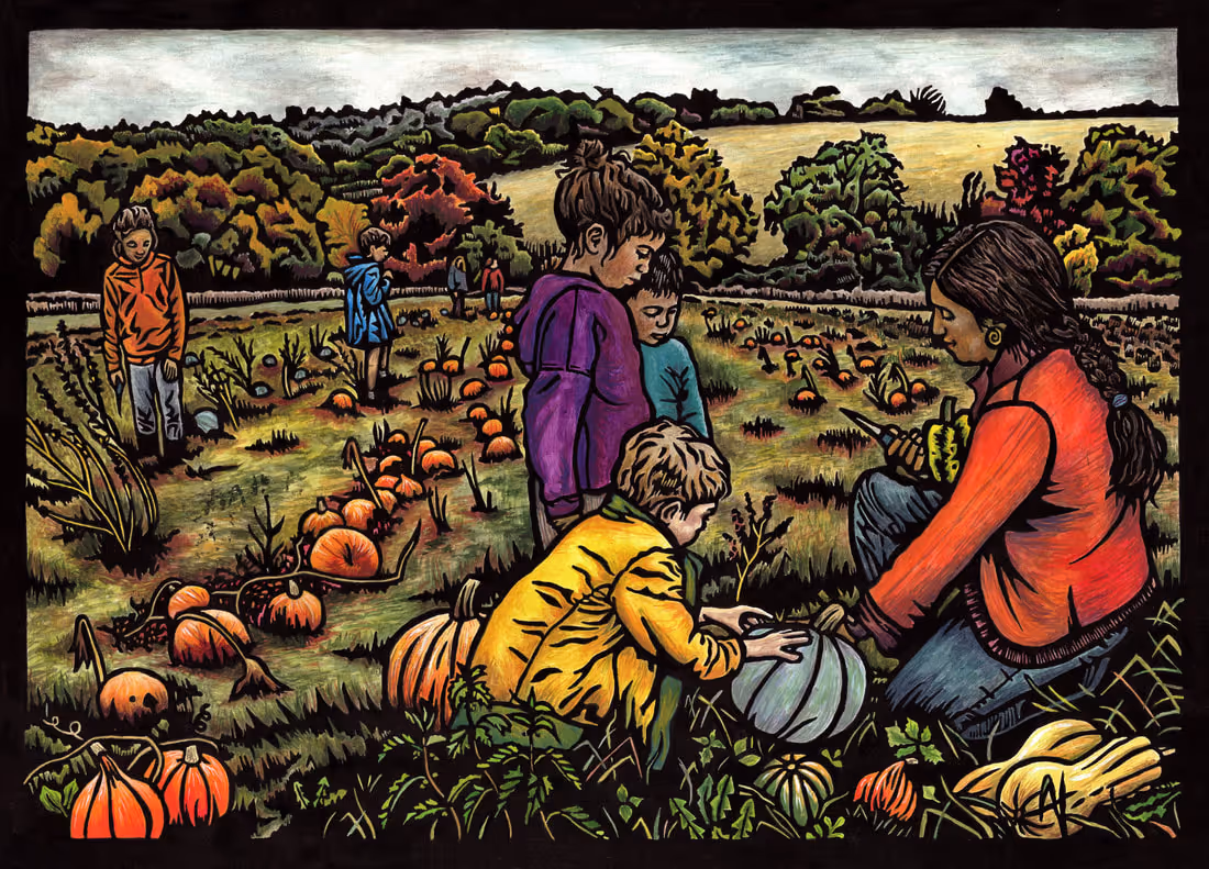 An artwork of people picking squashes