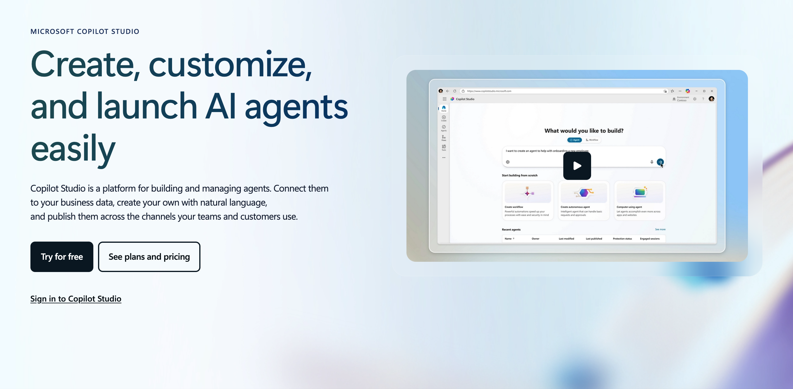 Microsoft Copilot Studio homepage