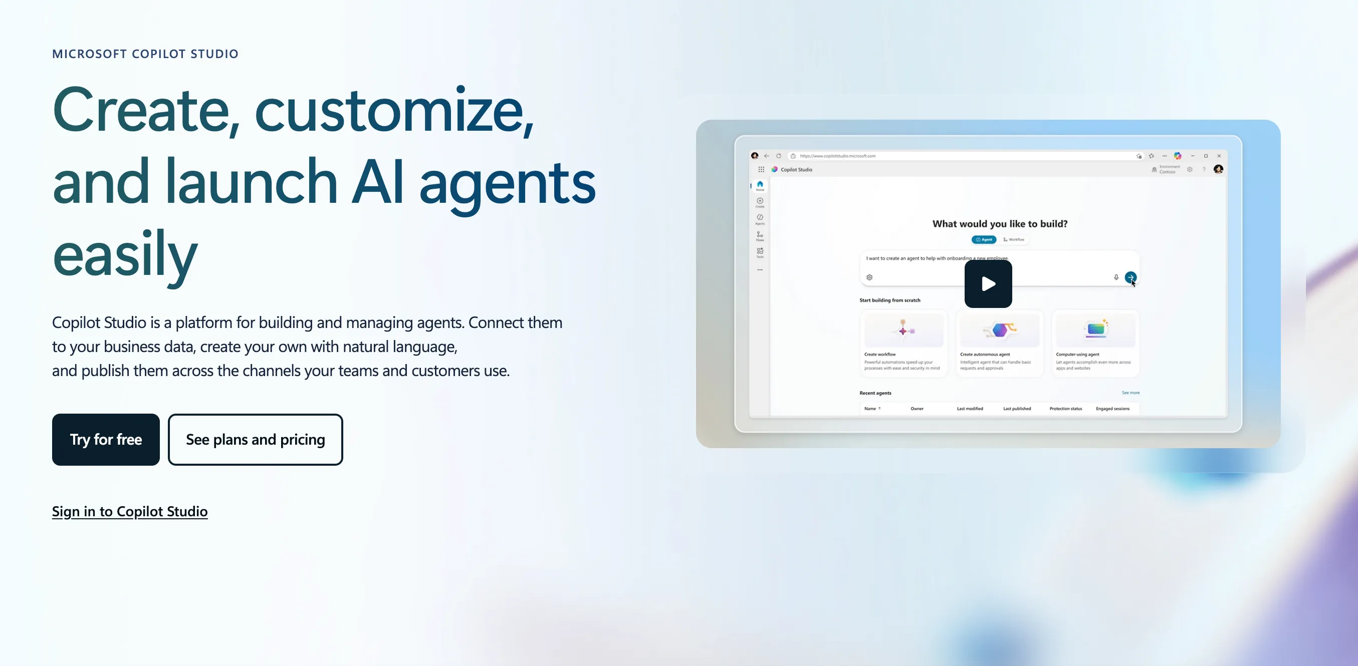 Microsoft Copilot Studio homepage