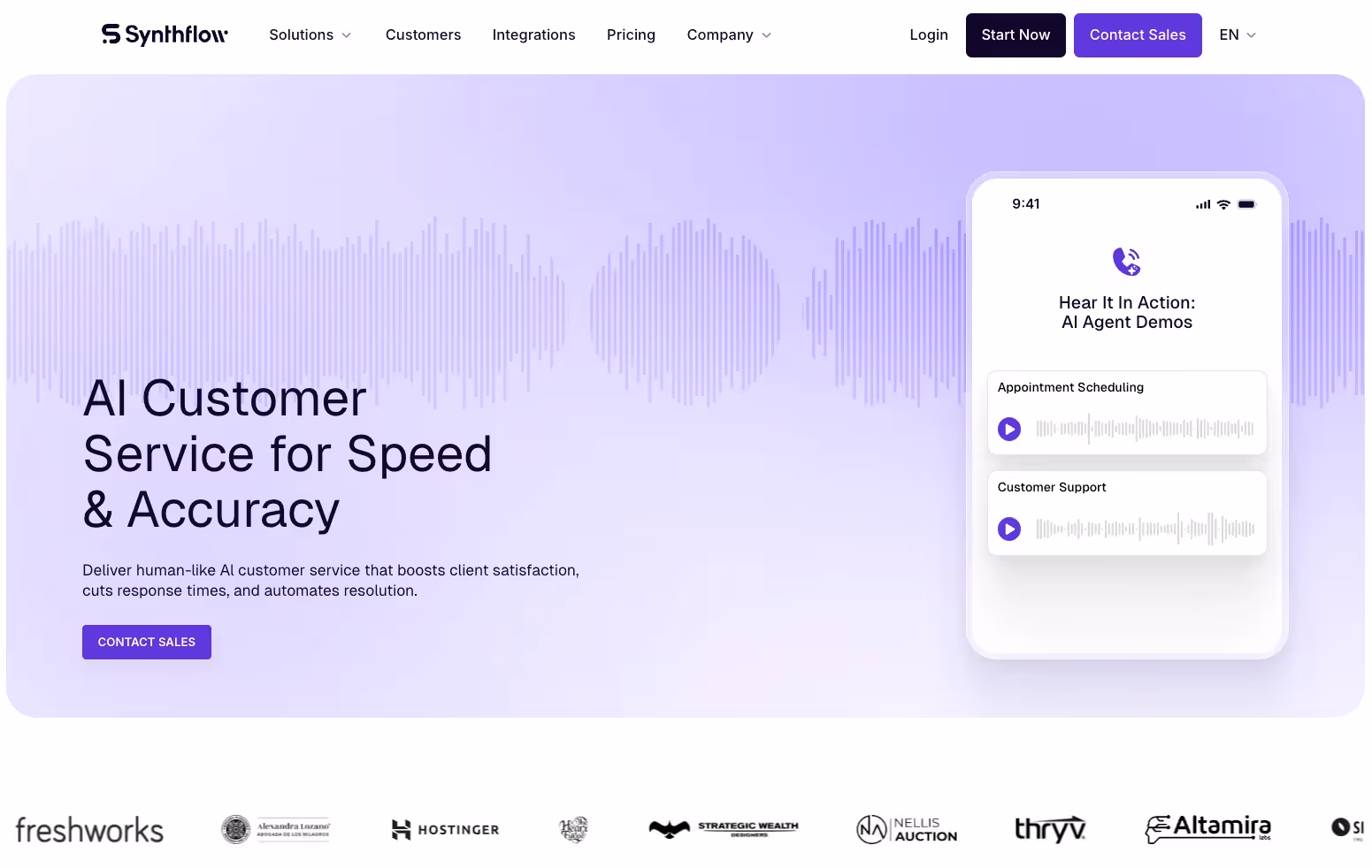 Synthflow AI Customer Service homepage