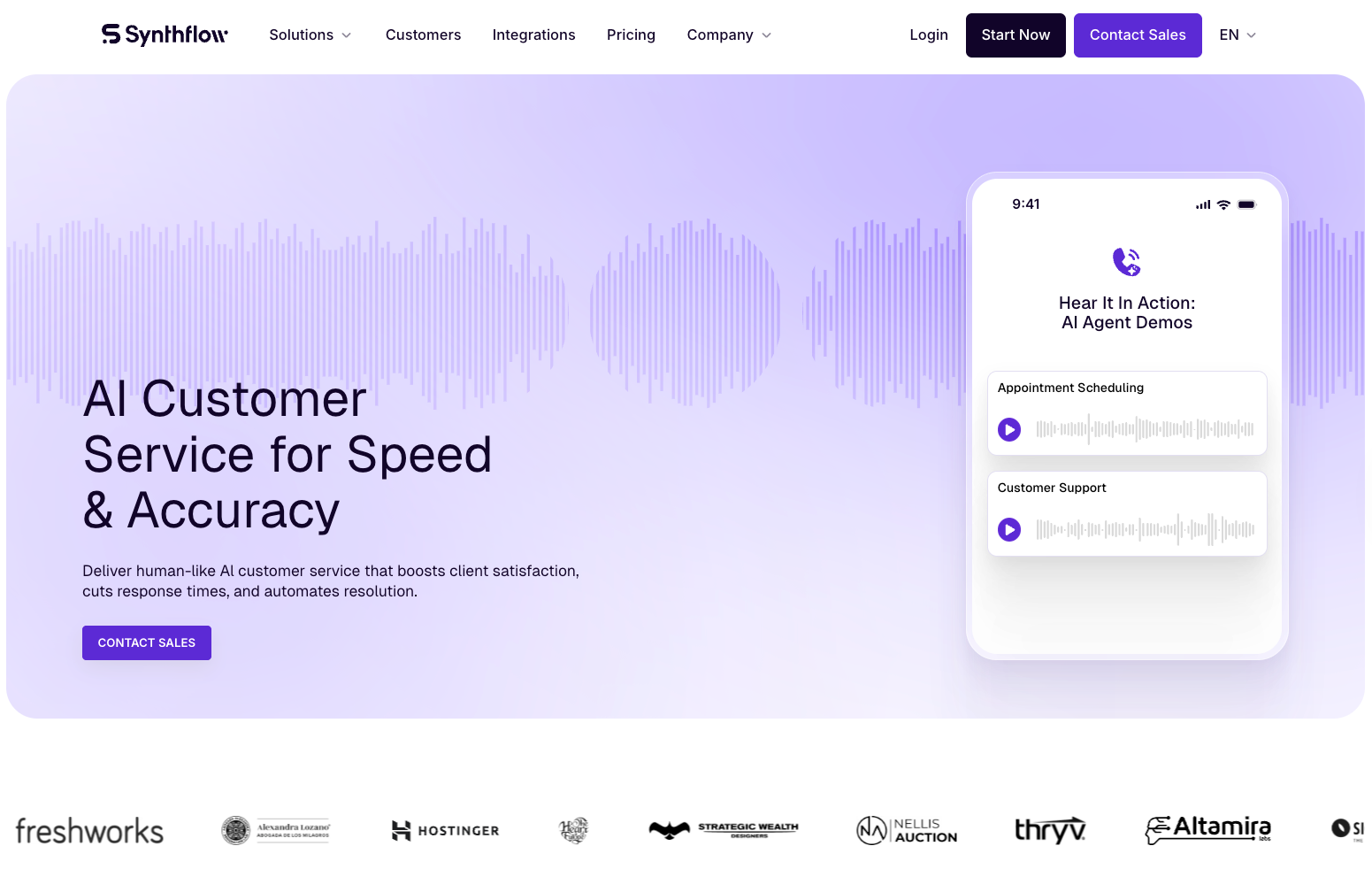 Synthflow AI Customer Service homepage