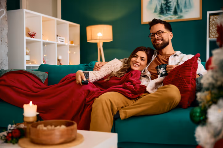 Ein Paar kuschelt auf dem Sofa in einem gemütlich dekorierten Wohnzimmer