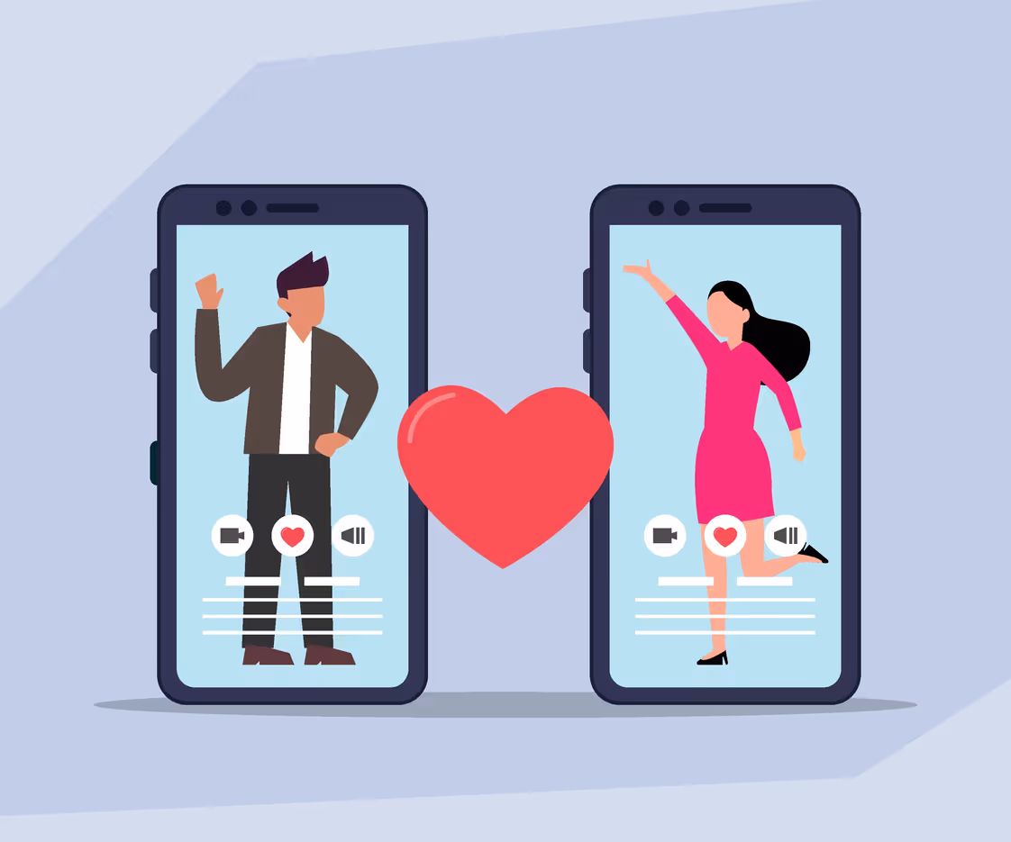 Zwei Smartphones mit animierten Figuren eines Mannes und einer Frau, die ein Herz-Symbol zwischen sich haben.