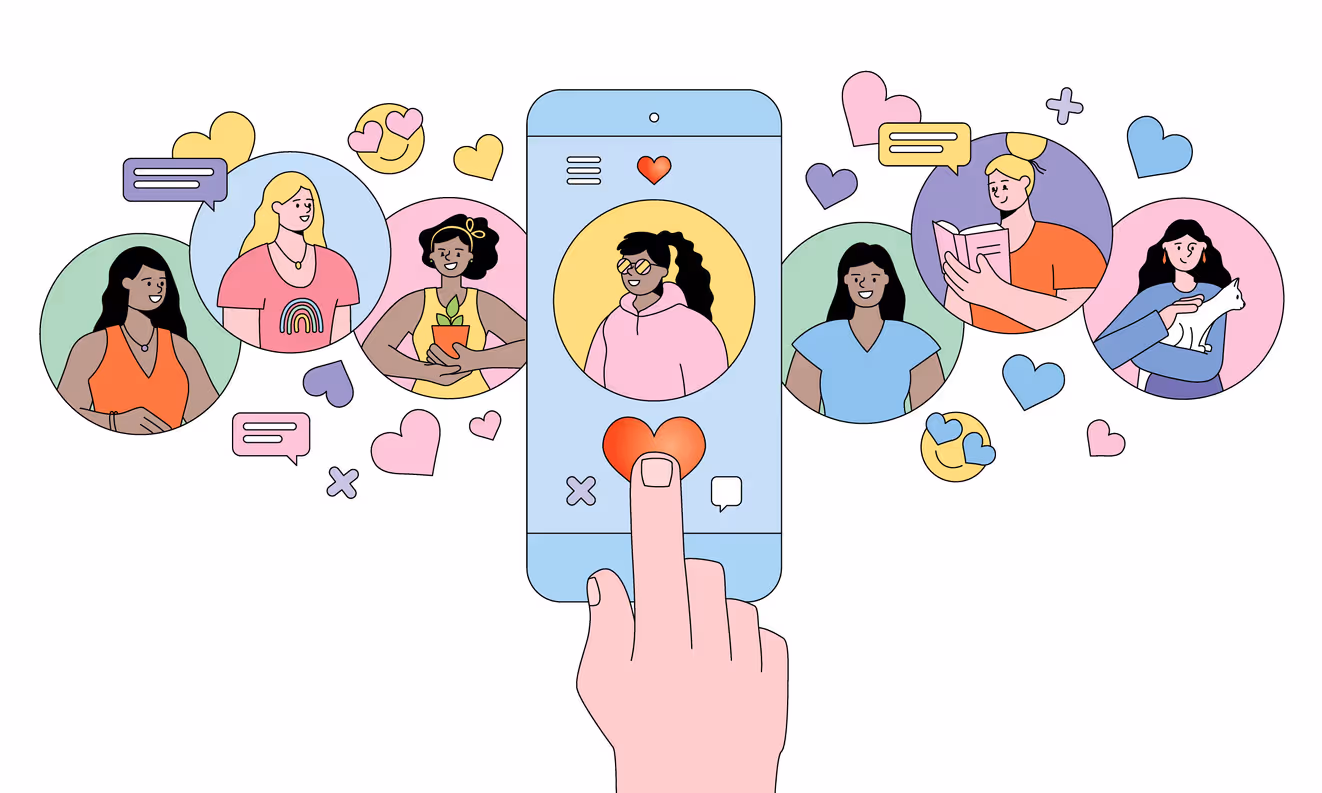 Illustration einer Person, die auf einem Smartphone einen Herz-Button drückt, umgeben von Porträts verschiedener Menschen in Sprechblasen und Herzsymbolen