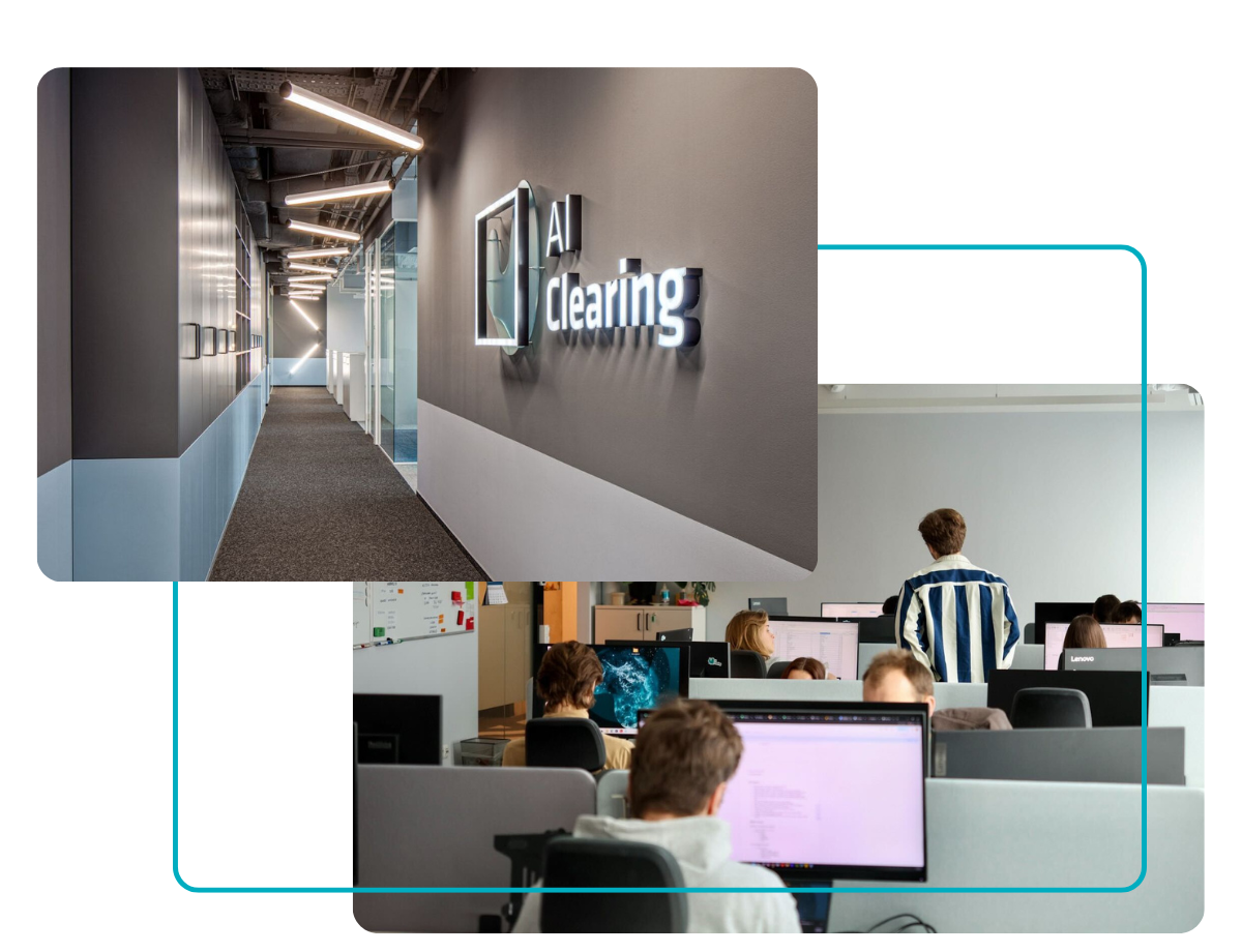 Modern office corridor leading into AI Clearing headquarters, with the AI Clearing logo on the wall and teams in an open-plan workspace working at computer desks on construction progress tracking dashboards, drone imagery, 3D site models, earthworks cut/fill analytics, QA verification workflows, and project reporting.