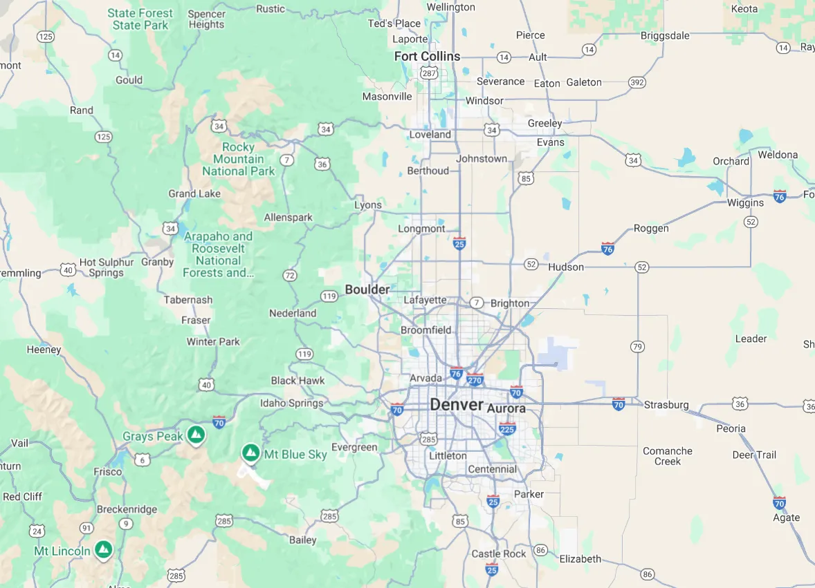 Road map of Denver metro area and surrounding Colorado mountain regions