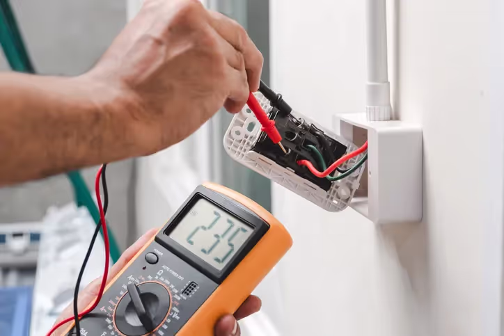 A person uses a multimeter to check the voltage of a wall socket, displaying 235 volts.