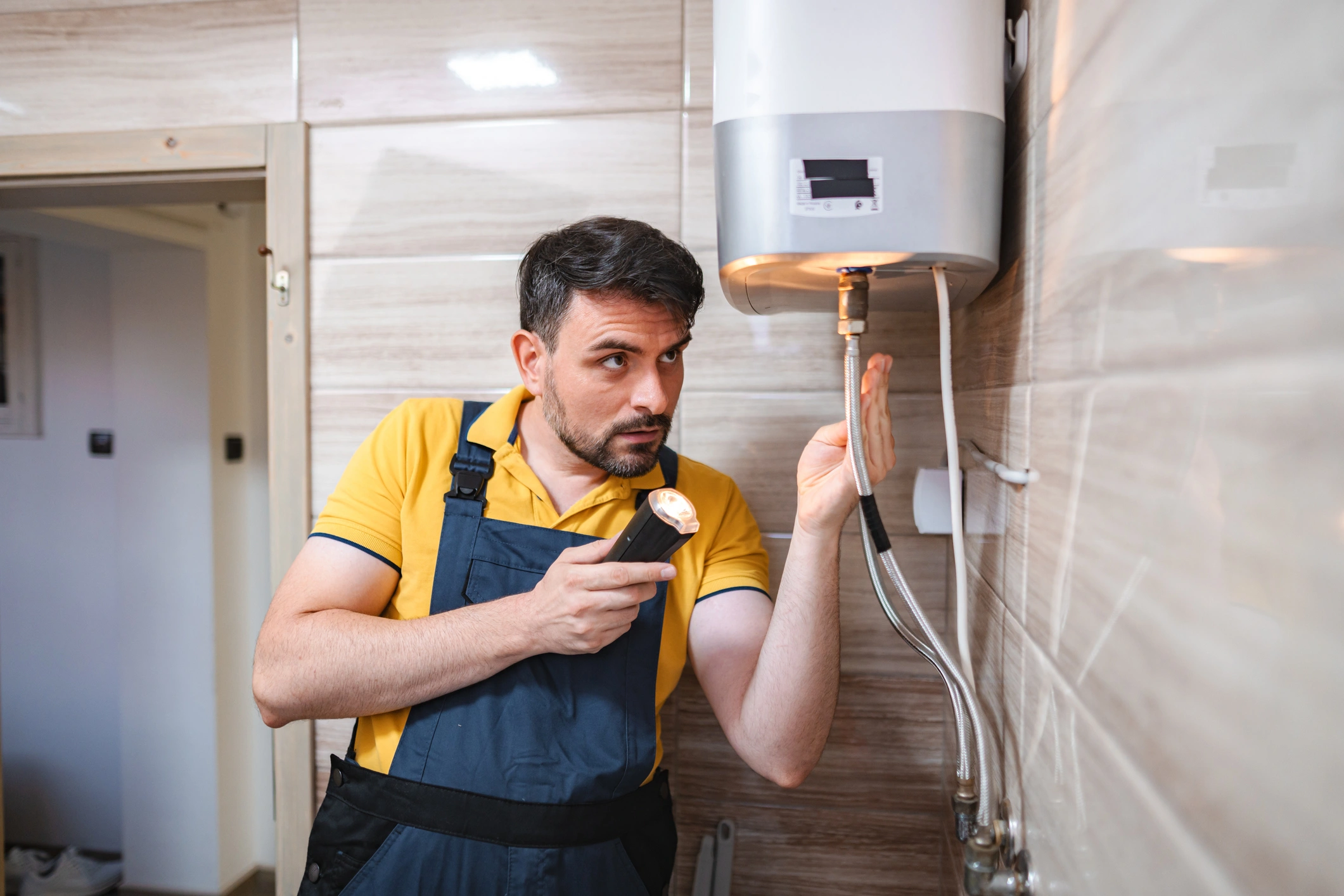 A focused man in a yellow shirt and overalls inspects water heater tubes with a flashlight.
