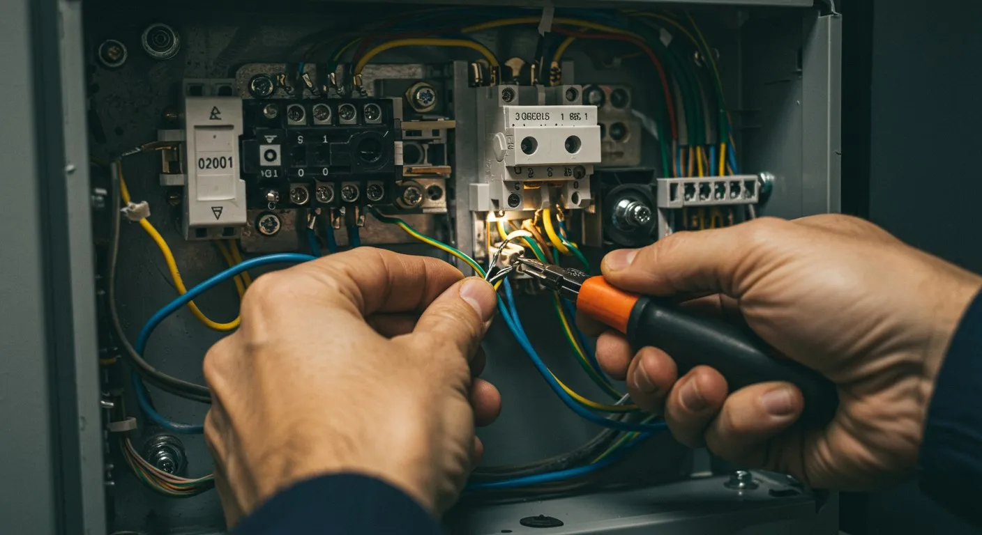 Electrician tightening terminal in control panel.