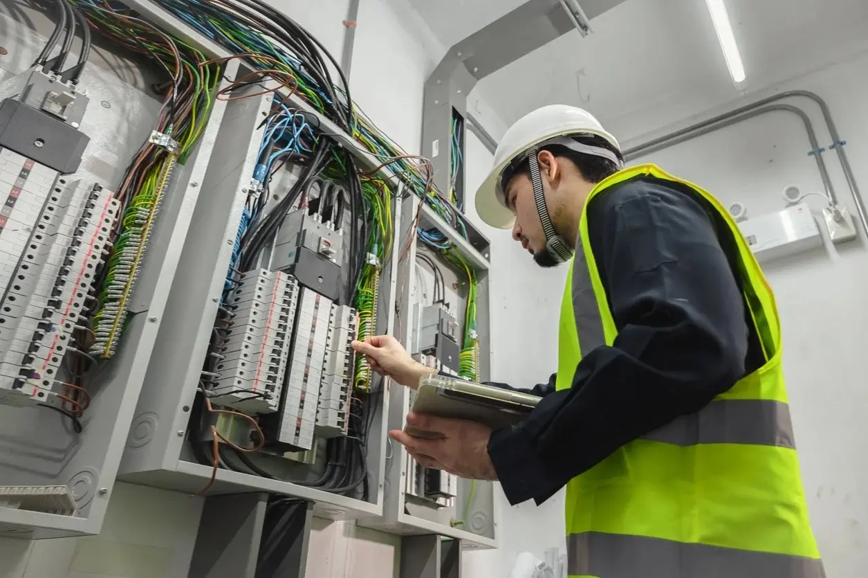 Electrician inspecting commercial electrical panel.
