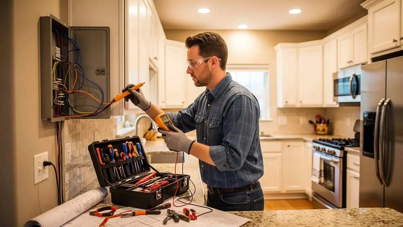 Electrician testing panel with a multimeter.