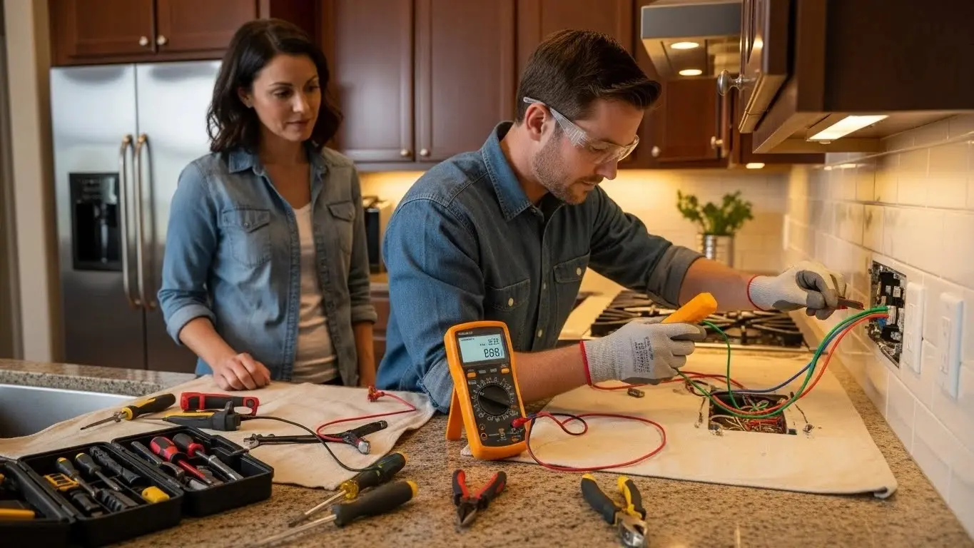 Man testing kitchen outlet with multimeter.
