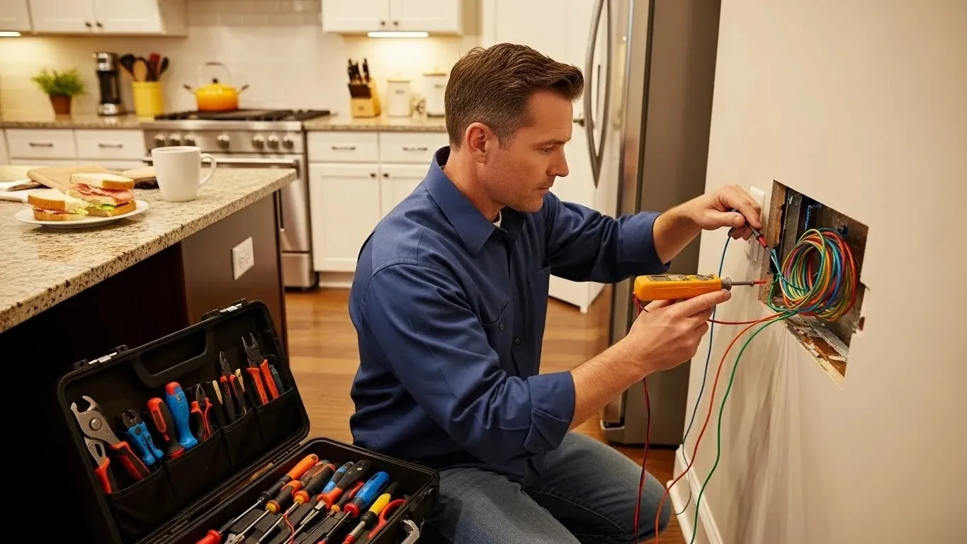 Man fixing electrical wires in kitchen.