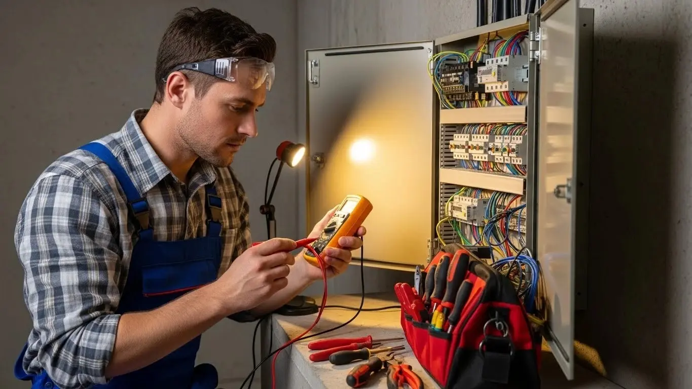 Electrician inspecting complex indoor electrical wiring.