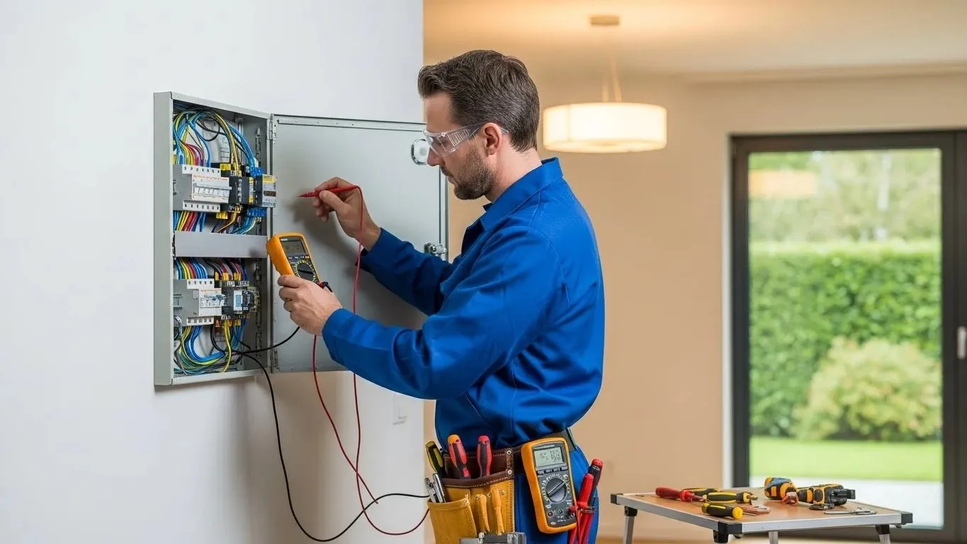 Man using multimeter on breaker panel.