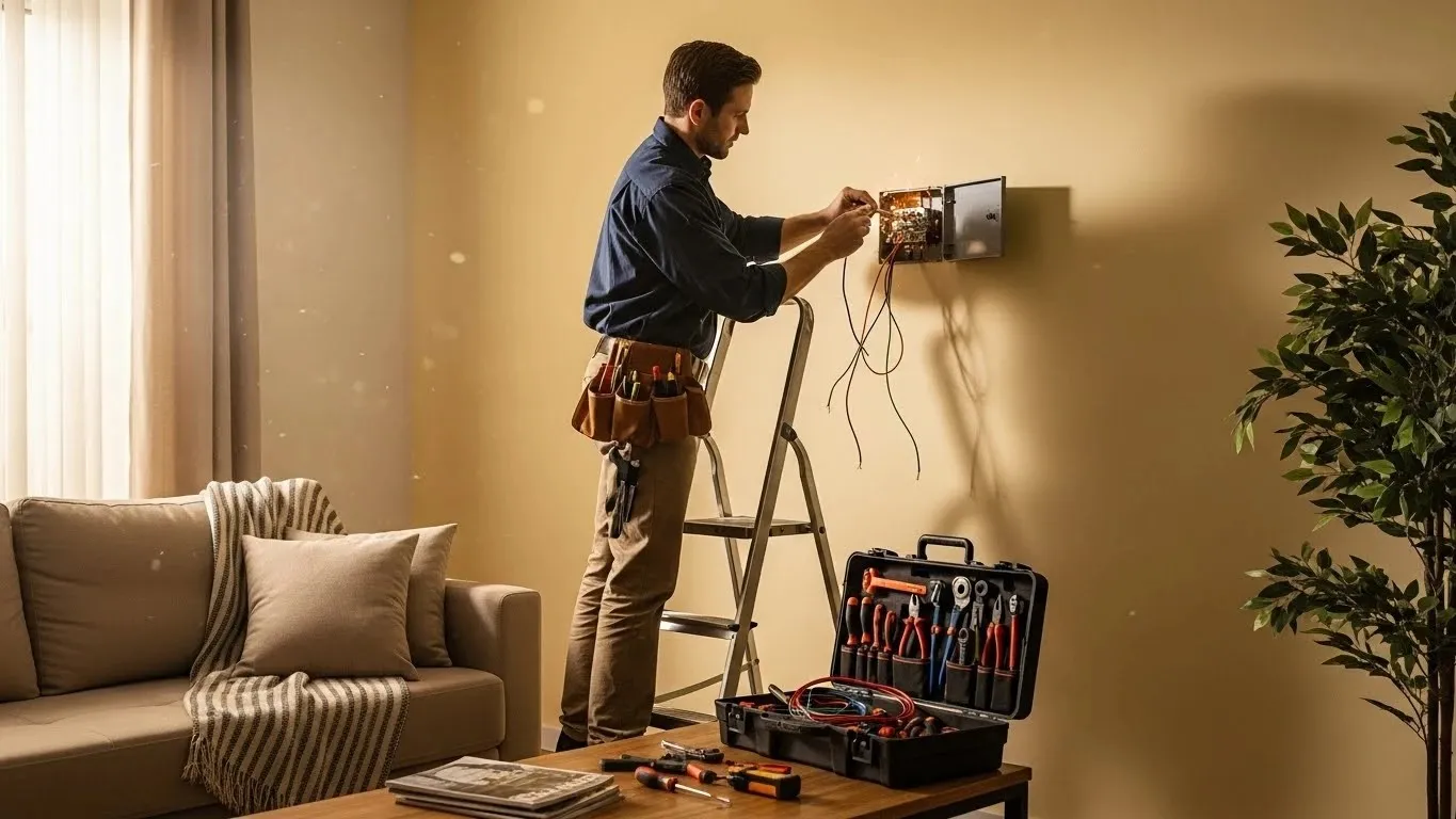 Man in hardhat repairing circuit box.