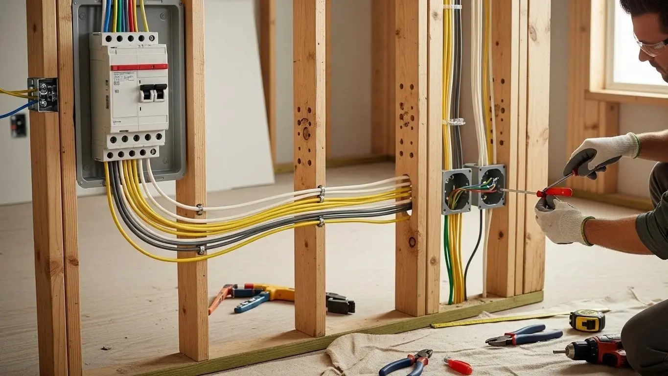 Man wiring residential electrical circuit panel.