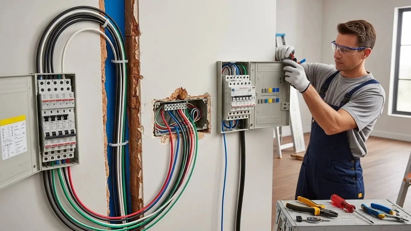 Man working on residential electrical wiring.