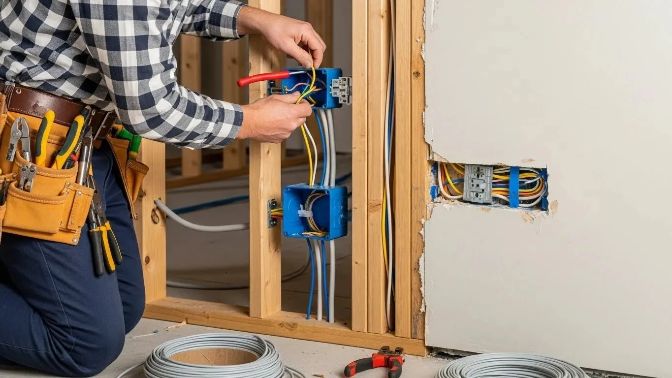 Man kneeling, wiring house outlet boxes.