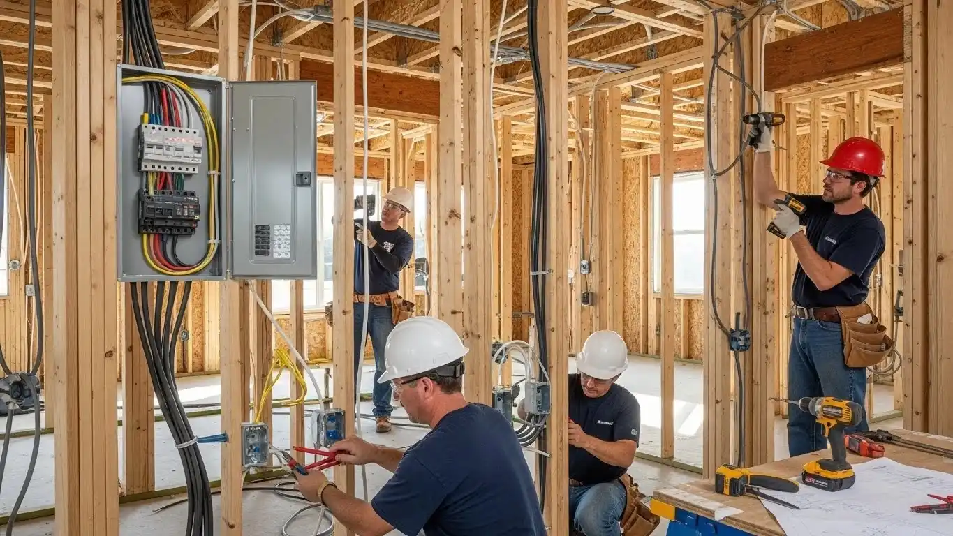  Team of electricians wiring house interior.