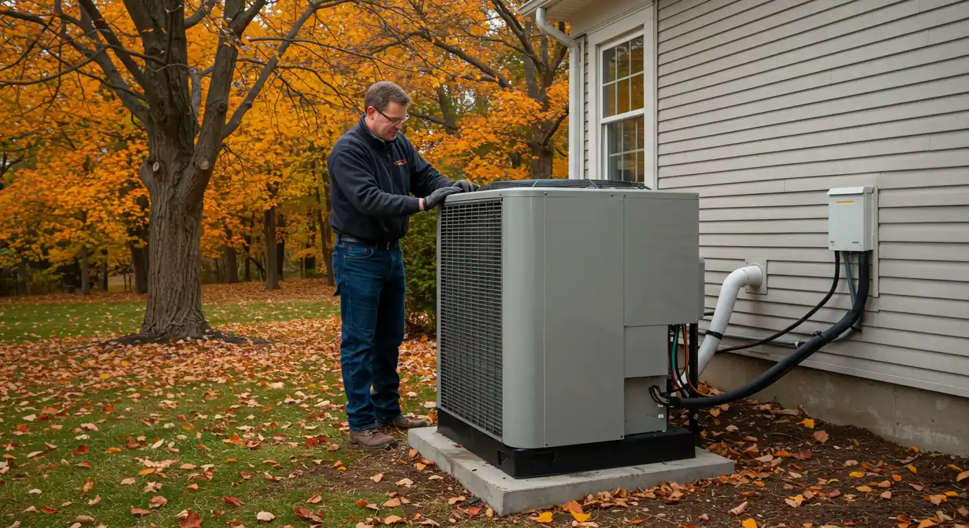 A technician, dressed in a dark sweatshirt and jeans, services a large, gray outdoor condenser unit of a mini-split system, set against a house with autumn trees.