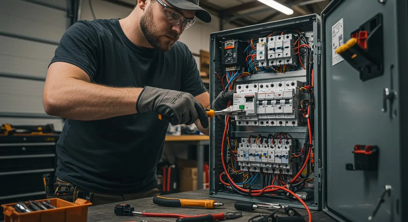 Man working on electrical circuit breaker.
