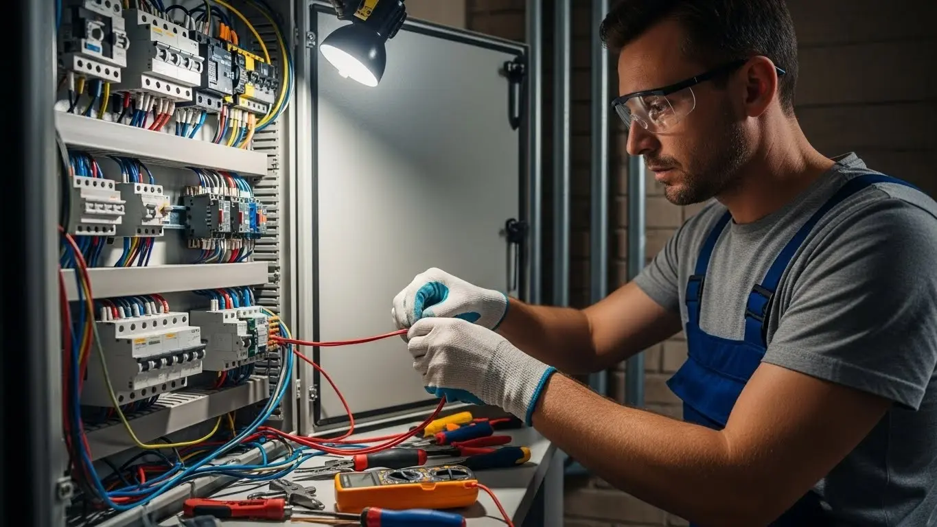 Technician soldering wires on circuit board.
