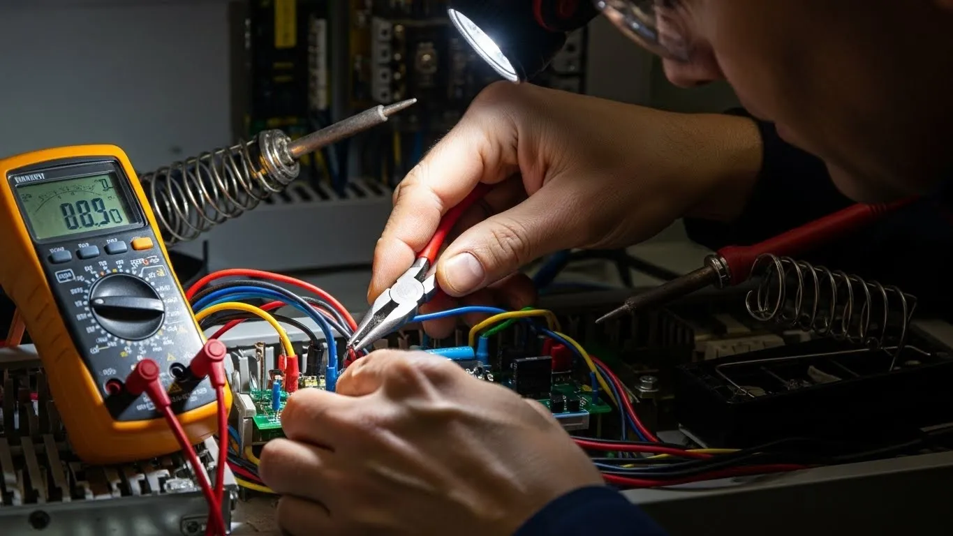 Technician stripping wires at circuit box.
