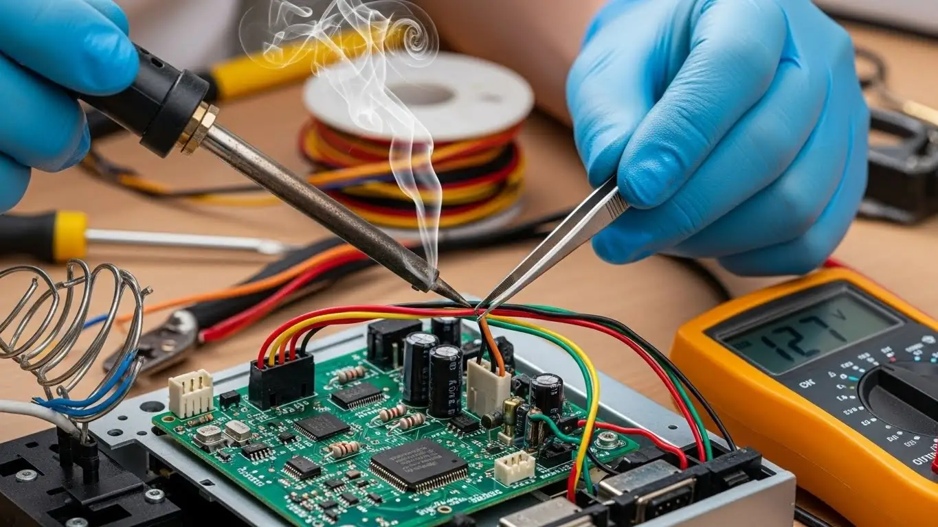 Technician soldering components on circuit board.