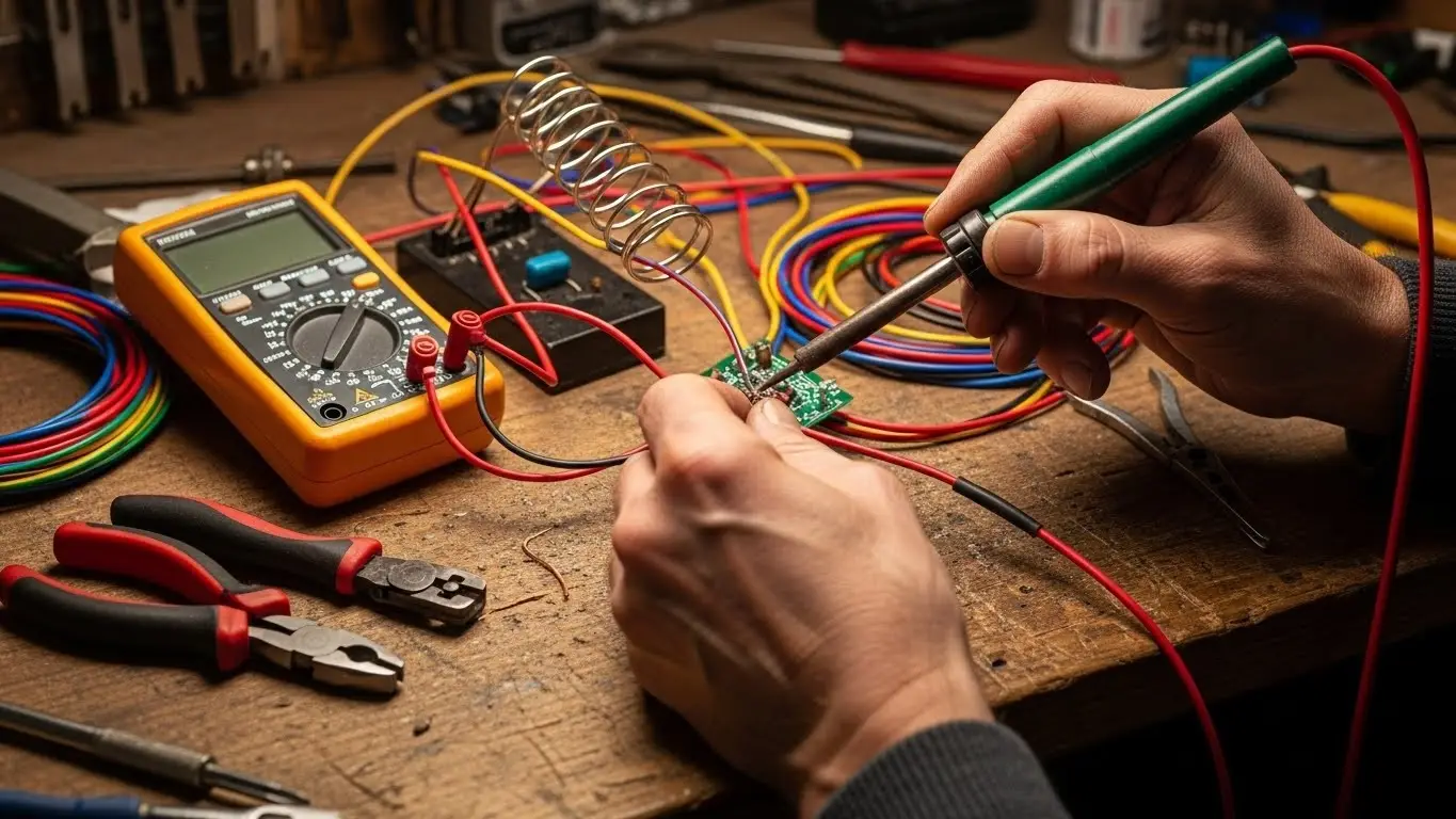 Hands soldering a small green motherboard.